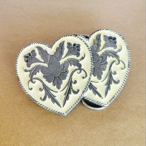 Vintage 90s Enameked Pewter Double Hearts Lovers Unisex Belt Buckle